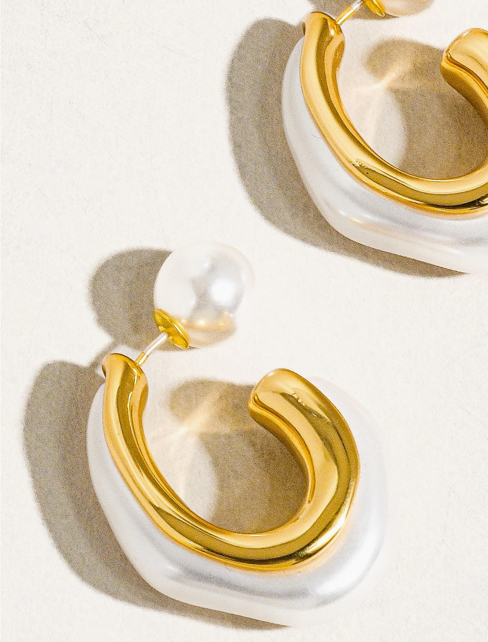 18K Gold Pearl C Hoop Earrings