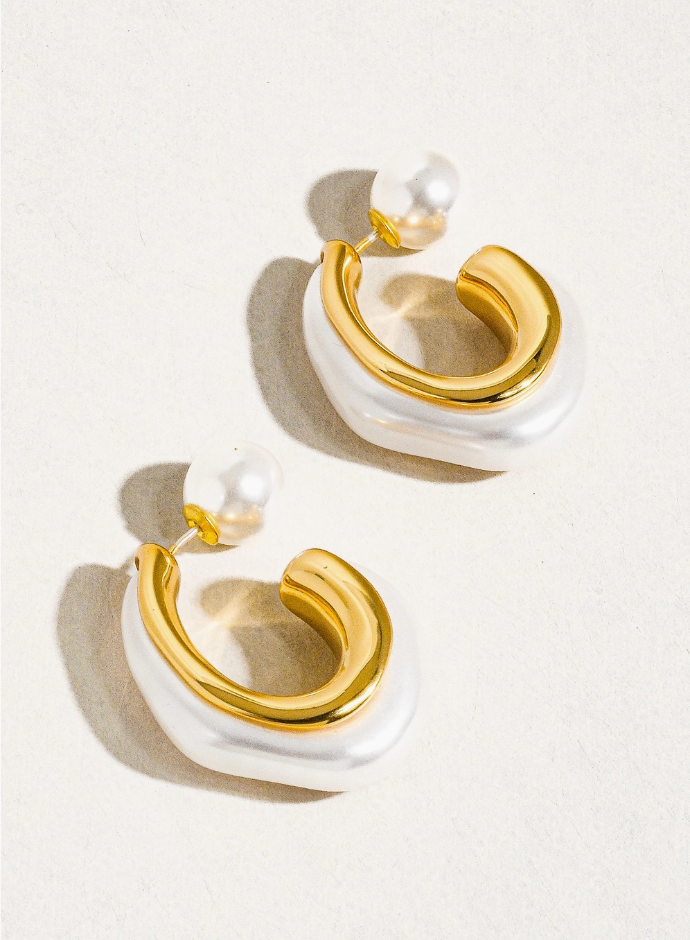 18K Gold Pearl C Hoop Earrings