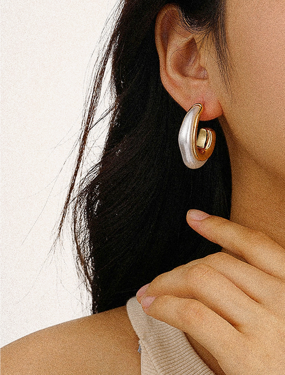 18K Gold Pearl C Hoop Earrings