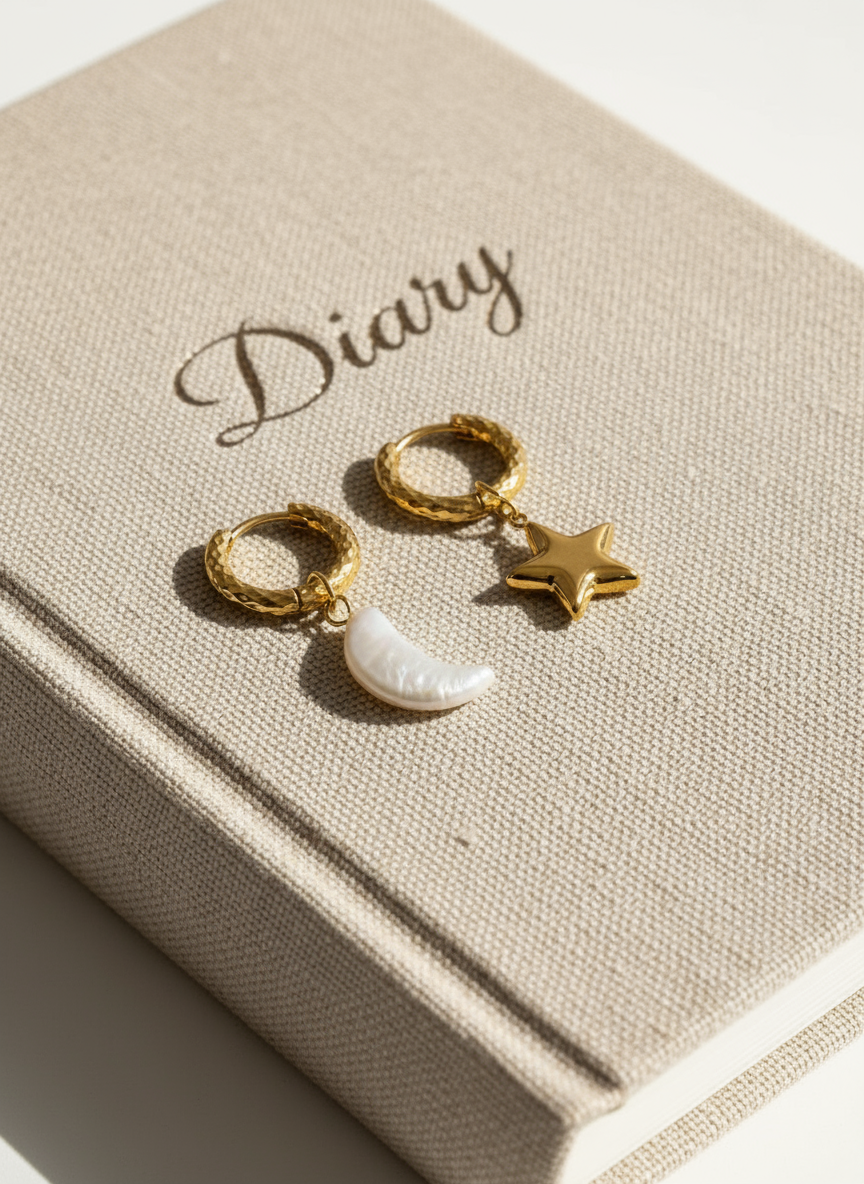Luna & Stella Earrings | 18ct Gold Plated Pearl & Star Drops